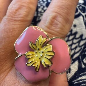 Lilly Pulitzer Pink Flower Enamel Ring with Yellow Center RARE! Stretch fit!